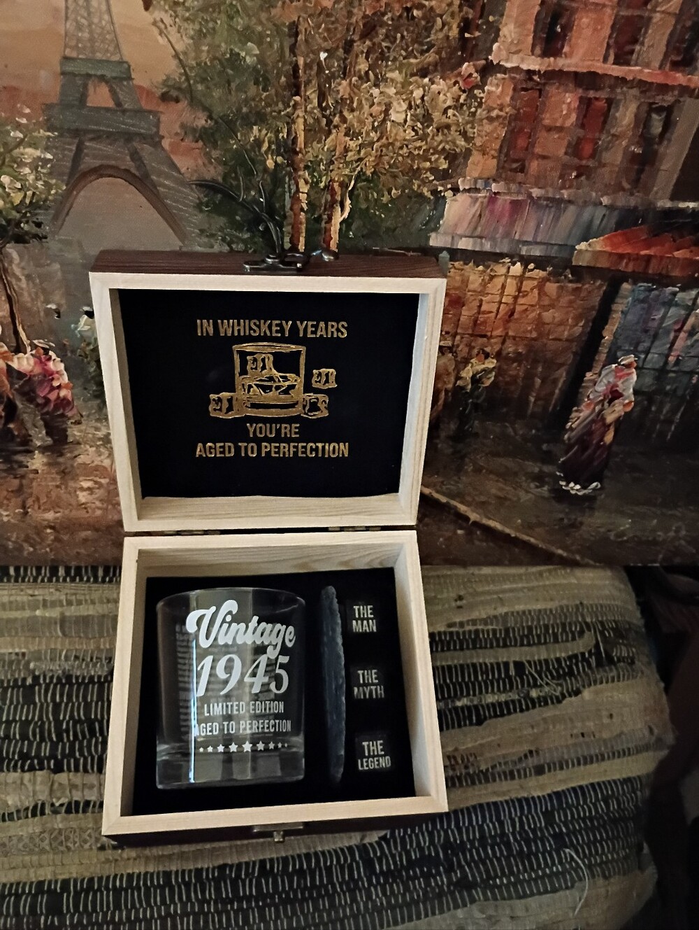 Vintage 1945 Whiskey Glass Gift Set - Black and Natural Wood
